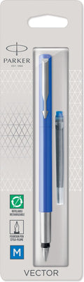 Parker vector-vulpen | blauw met chrome afwerking | mediumpunt | blauwe inkt | hangtab