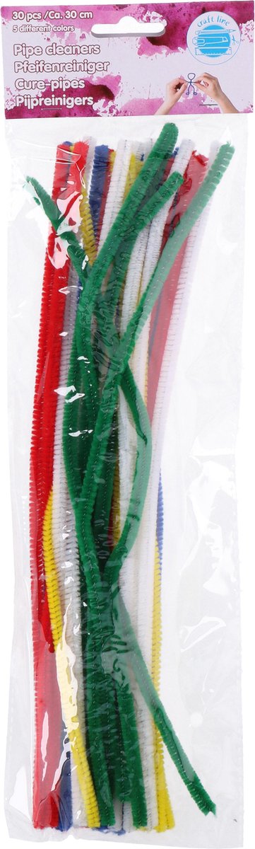 Craft chenille draad 30cm - 30 stuks - flexibel en makkelijk te vormen - geschikt voor knutselprojecten - kinderen en volwassenen - 5 kleuren - rood, groen, geel, blauw, wit