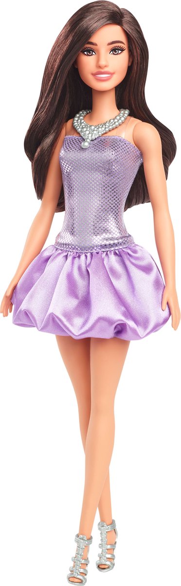 Barbie fashionista pop in sequined purple dress.