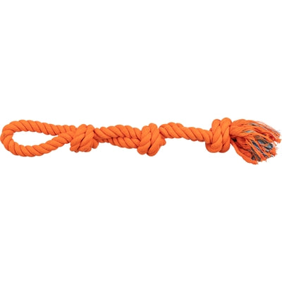 Trixie wirft ein orangefarbenes 3-Knoten-Flossenseil.
