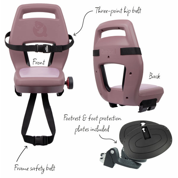 Qibbel Junior 6+ Rücksitz für Kinder mit Fußstützen, Gurt und Schutzplatte – rosa