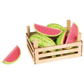 Meloenen in fruitkrat. 8,5 cm hoog. 3+.