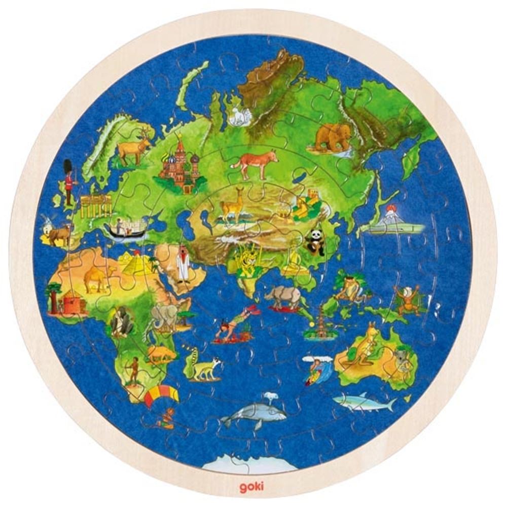 Goki doppelseitiges Holzpuzzle - Globus, 57 Teile.