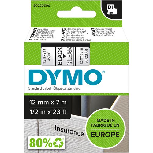 Dymo tapes d1 polyester 12mmx7m zwart-transparant glanzend
