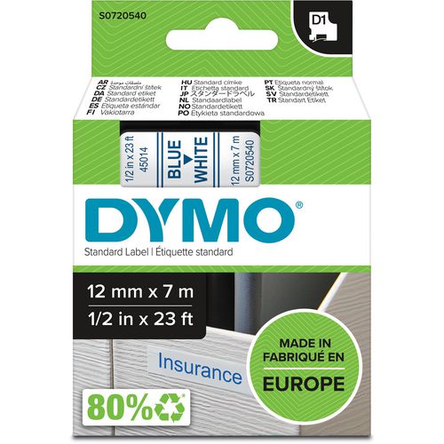 Dymo tapes d1 polyester 12mmx7m blauw-wit glanzend