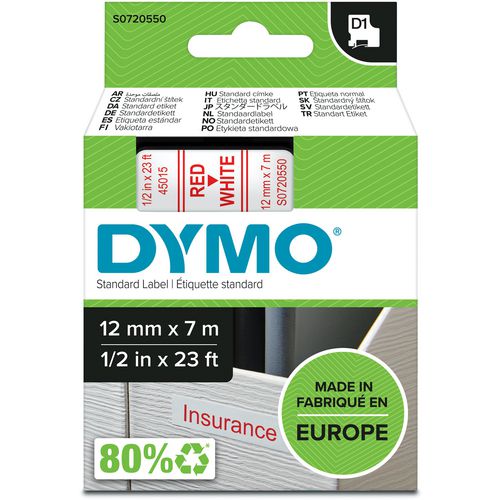 Tapes dymo d1 polyester 12mmx7m rood-wit glanzend