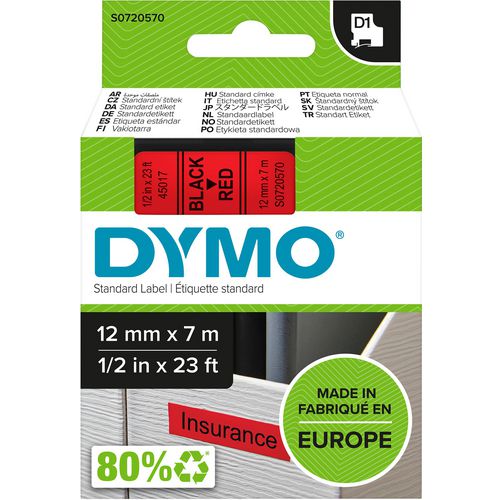 Tapes dymo d1 polyester 12mmx7m zwart-rood glanzend