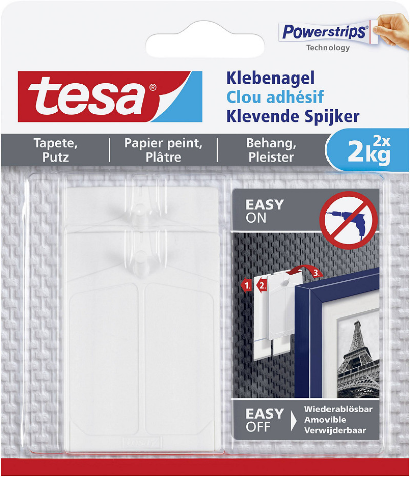 Tesa spijkers voor gevoelige oppervlakken - eenvoudig aan te brengen verwijderen - 2 x 2 kg houdkracht