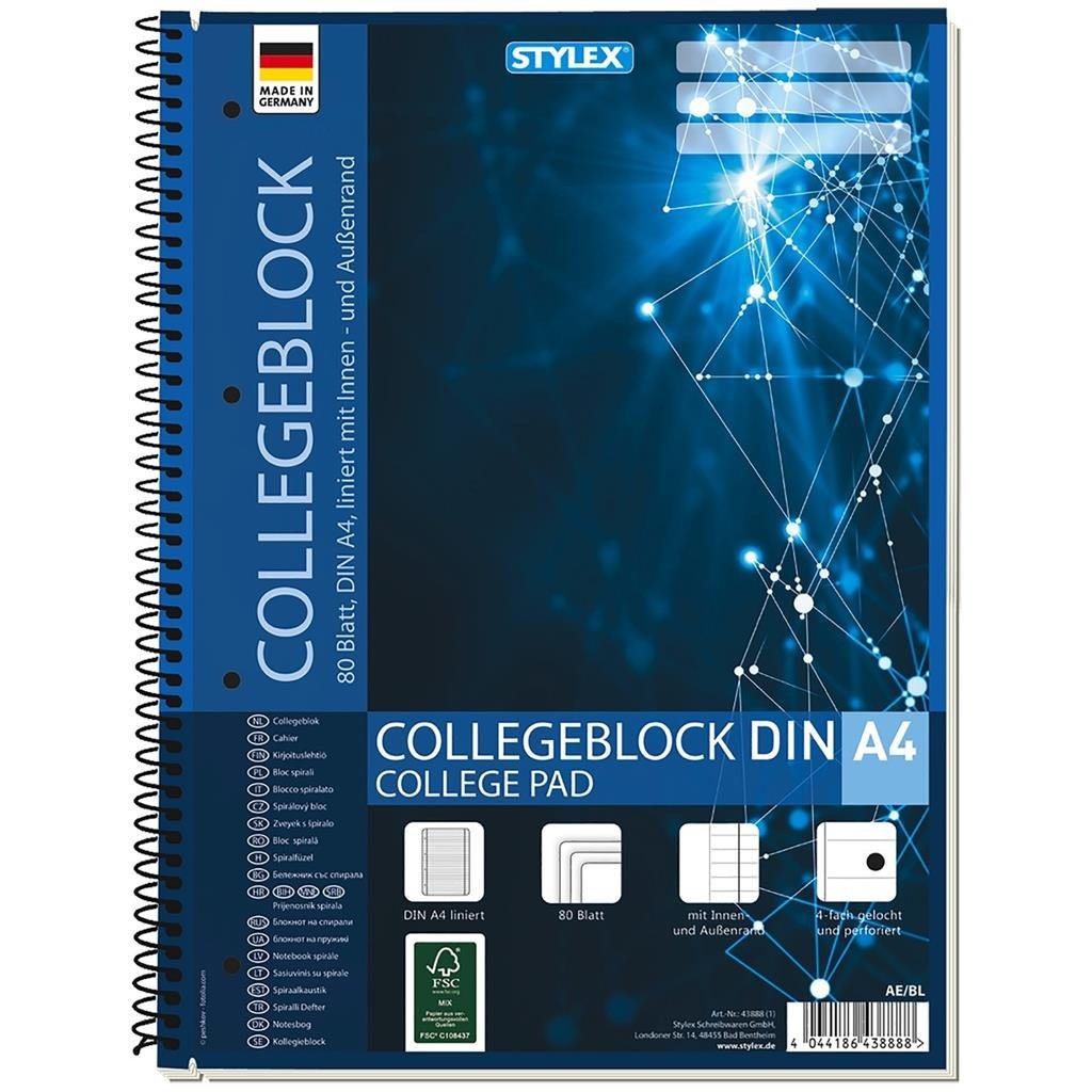 Stylex A4 College-Notizbuch mit Linien, 80 Blatt