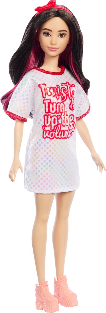 Barbie Doll Fashionista weißes Kleid dunkle Haare
