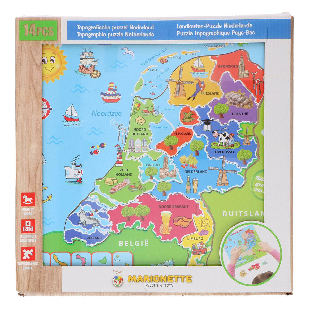 Holzpuzzle-Karte der Niederlande, 13 Teile.