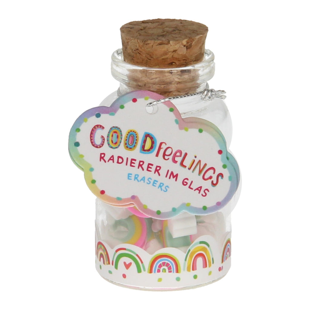 Mini-Radiergummis Regenbogenwolken im Glas, 12 Stück.