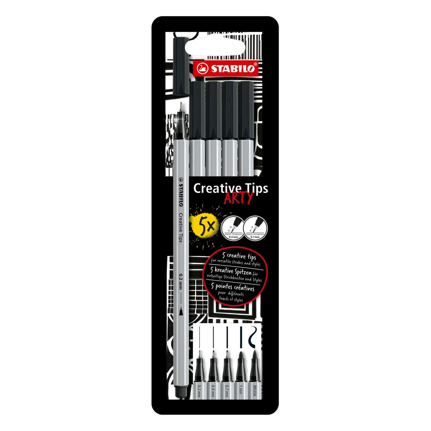 Stabilo creative tips - pennenset met diverse puntdiktes – arty – etui met 5 stuks – zwart