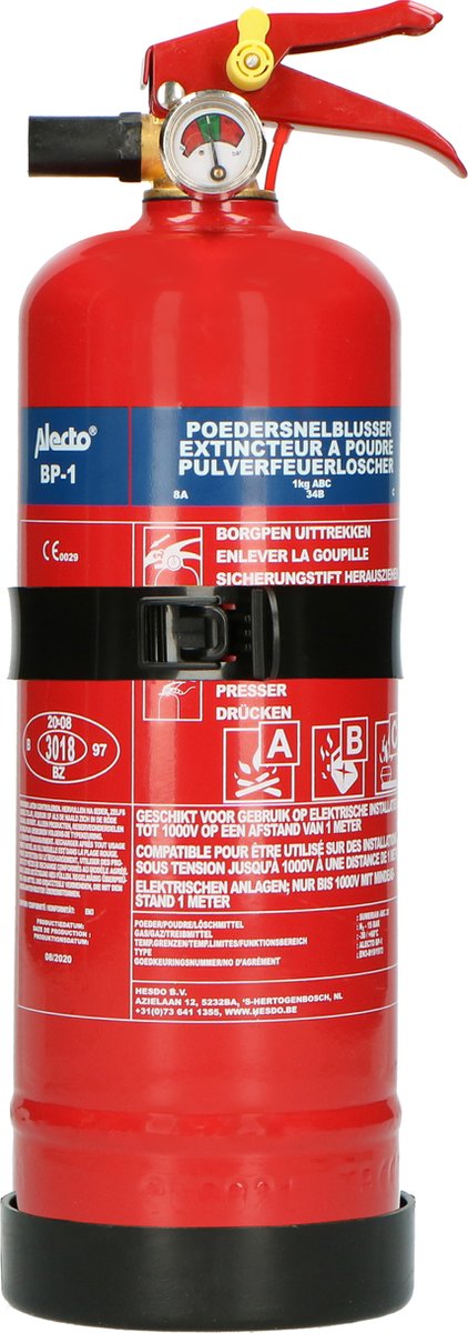 Alecto bp-1 brandblusser - poederblusser 1 kilogram - brandklasse abc - inclusief ophangbeugel