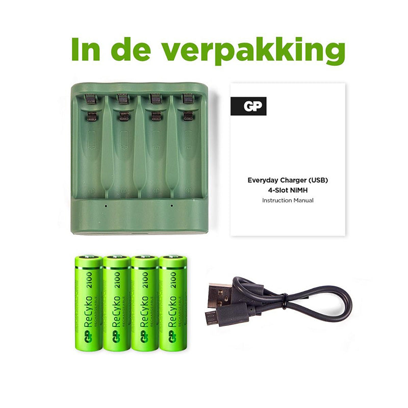 USB-Akkuladegerät + 4 x AA-Batterien 2100 mAh NiMH
