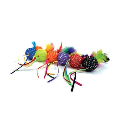 Fröhlicher Haustier-Glitzerball mit getigerten Haaren, Rassel und Federn
