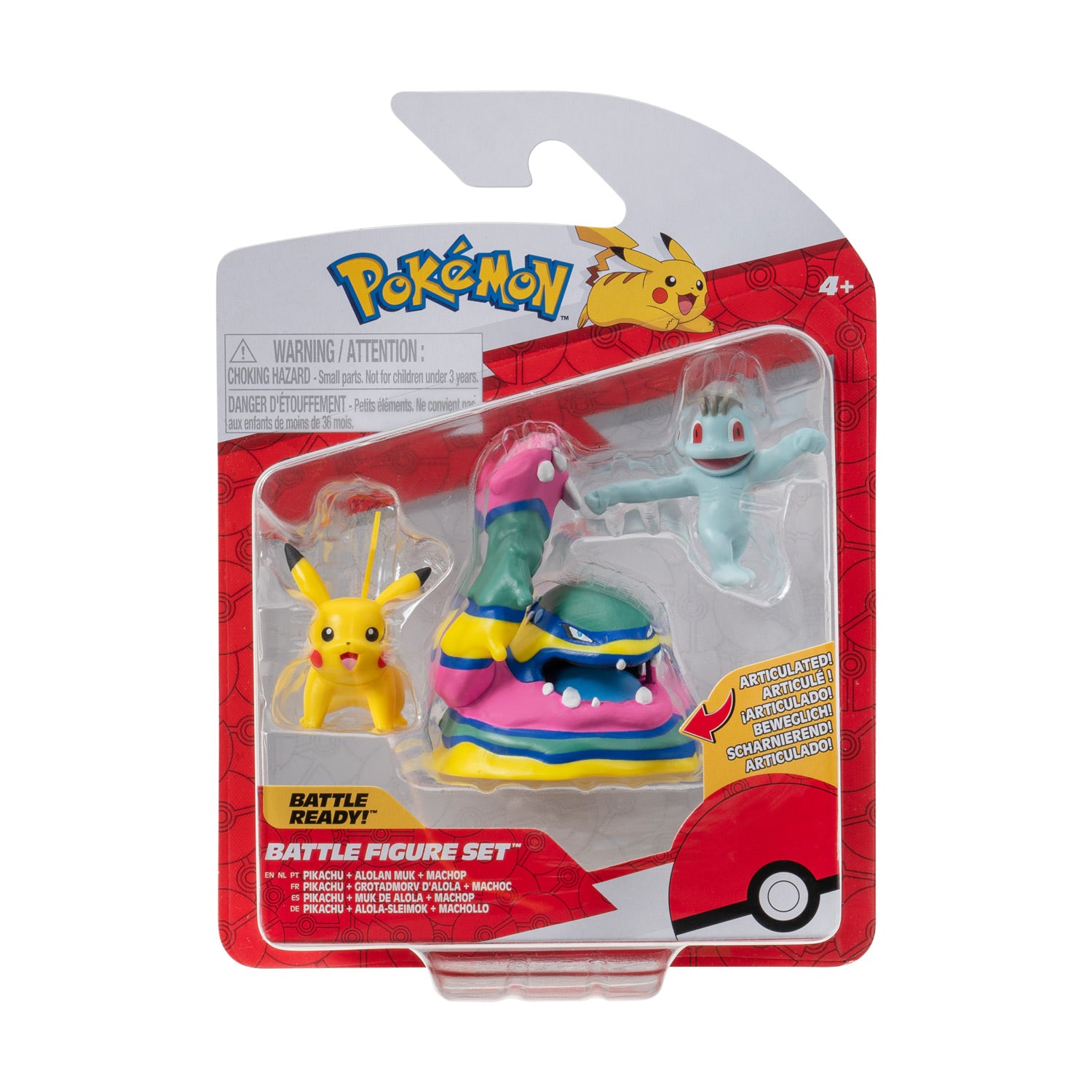 Boti Batte Figurenset Machop, Pikachu, Alolan Muk, 3-teilig.