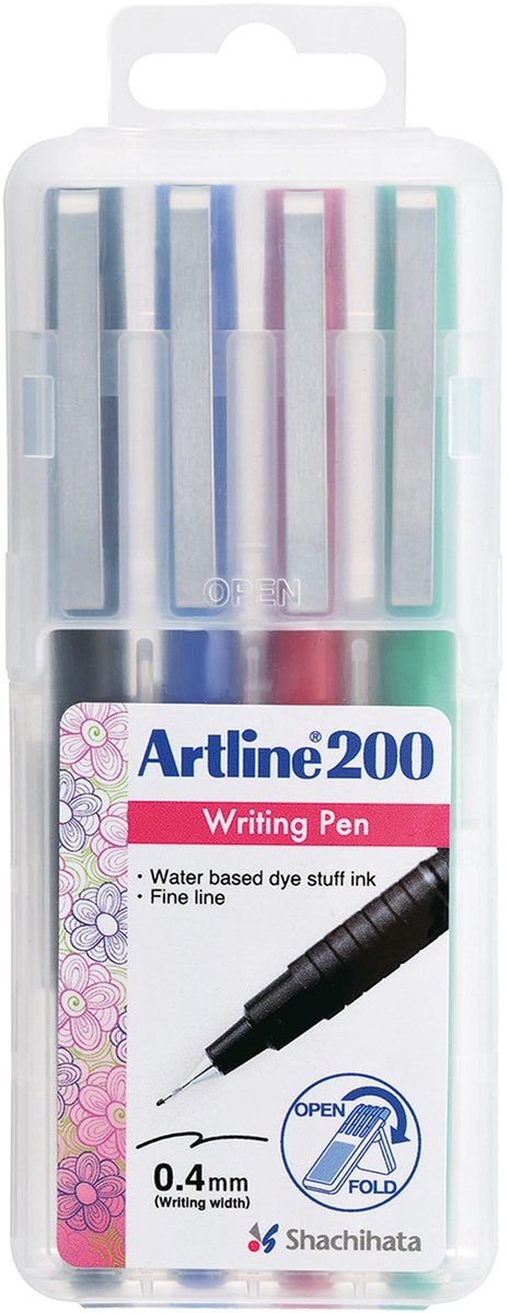 Artline 200 stift - 1 x set van 4 fineliners - 0,4mm lijndikte - verschillende kleuren