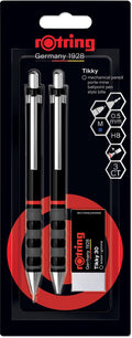 Rotring tikky vulpotlood-, balpen- en gomset | grafiet hb, 0,5 mm potlood | pen met medium punt | zwarte huls | lichtgewicht met rubberen grip