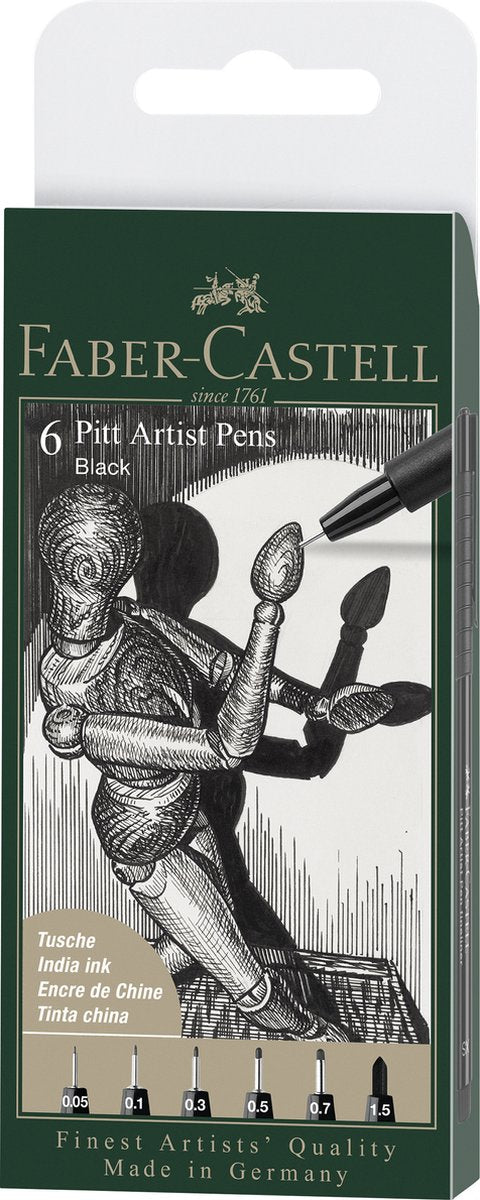 Faber-castell tekenstift - fineliners - pitt artist pen - zwart - 6-delig etui lijnbreedte xxs, xs, s, f, m, 1.5 - fc-167154