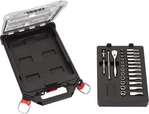 Milwaukee accessoires metrische 1 4 ratel + doppen set (28-delig) in packout compact slim organiser - 4932478812