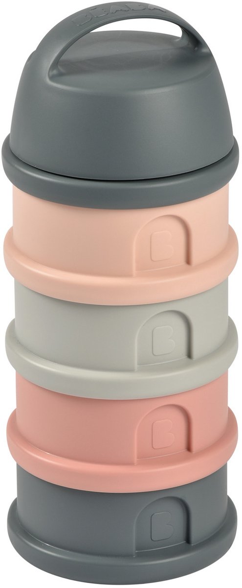 Béaba melktoren met 4 stapelbare doseerdoosjes - poederdoos voor onderweg met tot 11 doses per vak - luchtdicht en lekvrij afgesloten - ook bruikbaar als snackbox - eco-design met 28% minder plastic - roze grijs