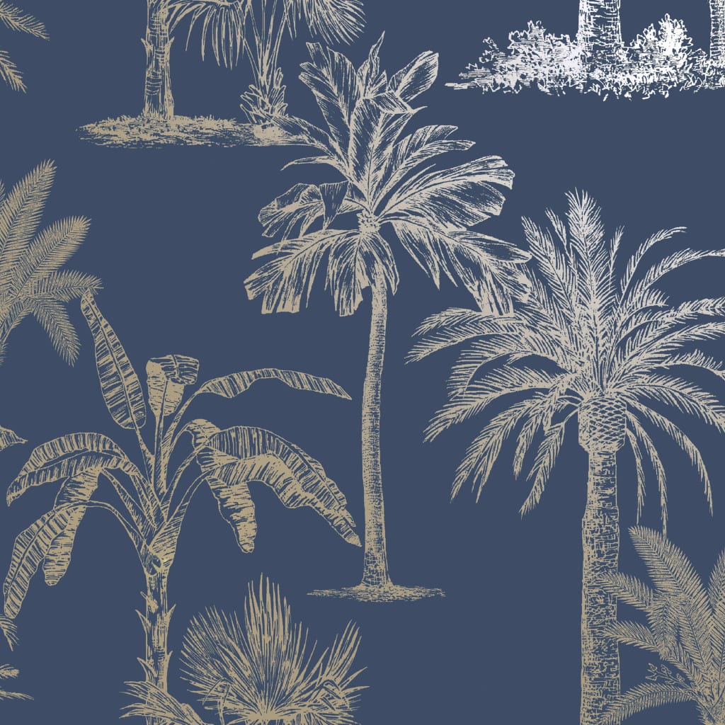 DUTCH WALLCOVERINGS Tapete tropische Bäume Marineblau und Silber
