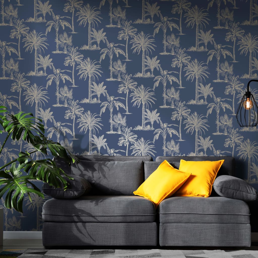 DUTCH WALLCOVERINGS Tapete tropische Bäume Marineblau und Silber