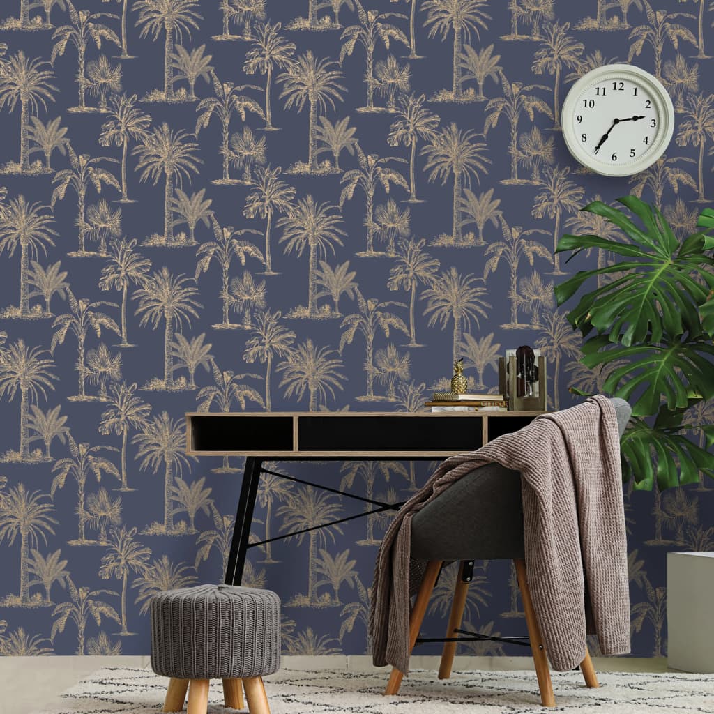 DUTCH WALLCOVERINGS Tapete tropische Bäume Marineblau und Silber