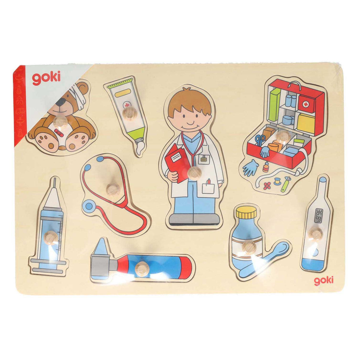 Goki Holzpuzzle mit Stecknadeln – beim Arzt