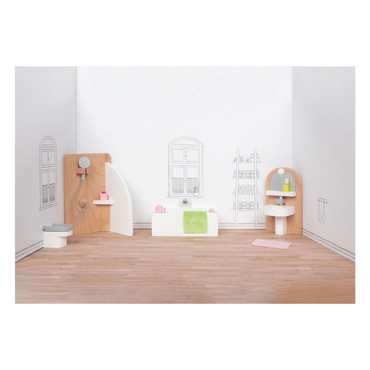 Goki Holzpuppenmöbel Badezimmer, 10-teilig.