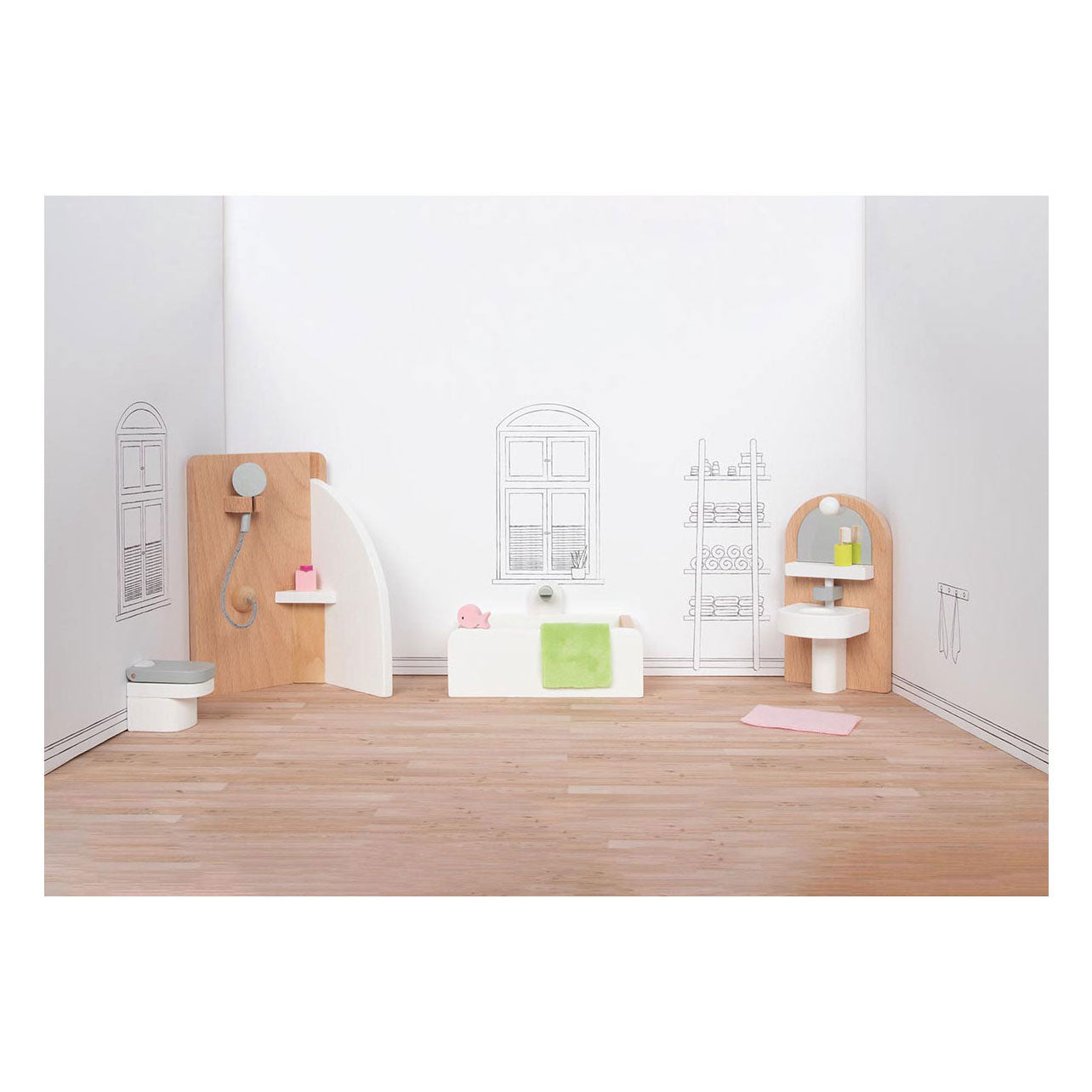 Goki Holzpuppenmöbel Badezimmer, 10-teilig.