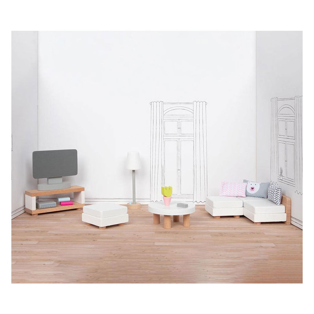 Goki Holzpuppenmöbel Wohnzimmer, 15-teilig.
