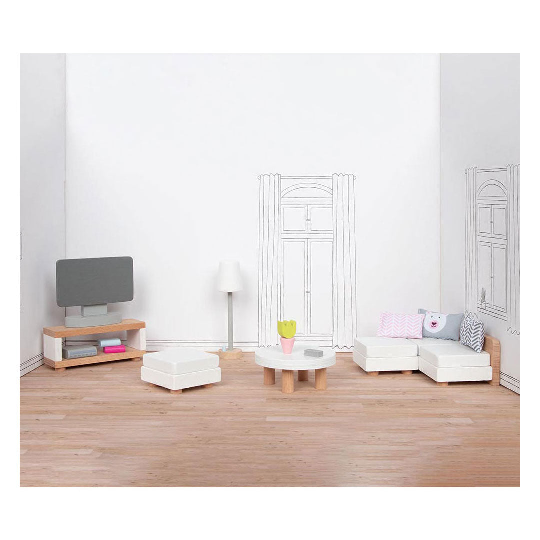 Goki Holzpuppenmöbel Wohnzimmer, 15-teilig.