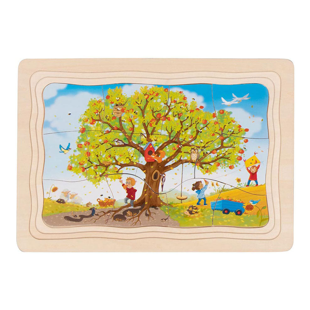 Goki puzzel - de seizoenen van de appelboom - 47 stukjes - 4 lagen - 28,5x20x1,5cm - hout - 3+