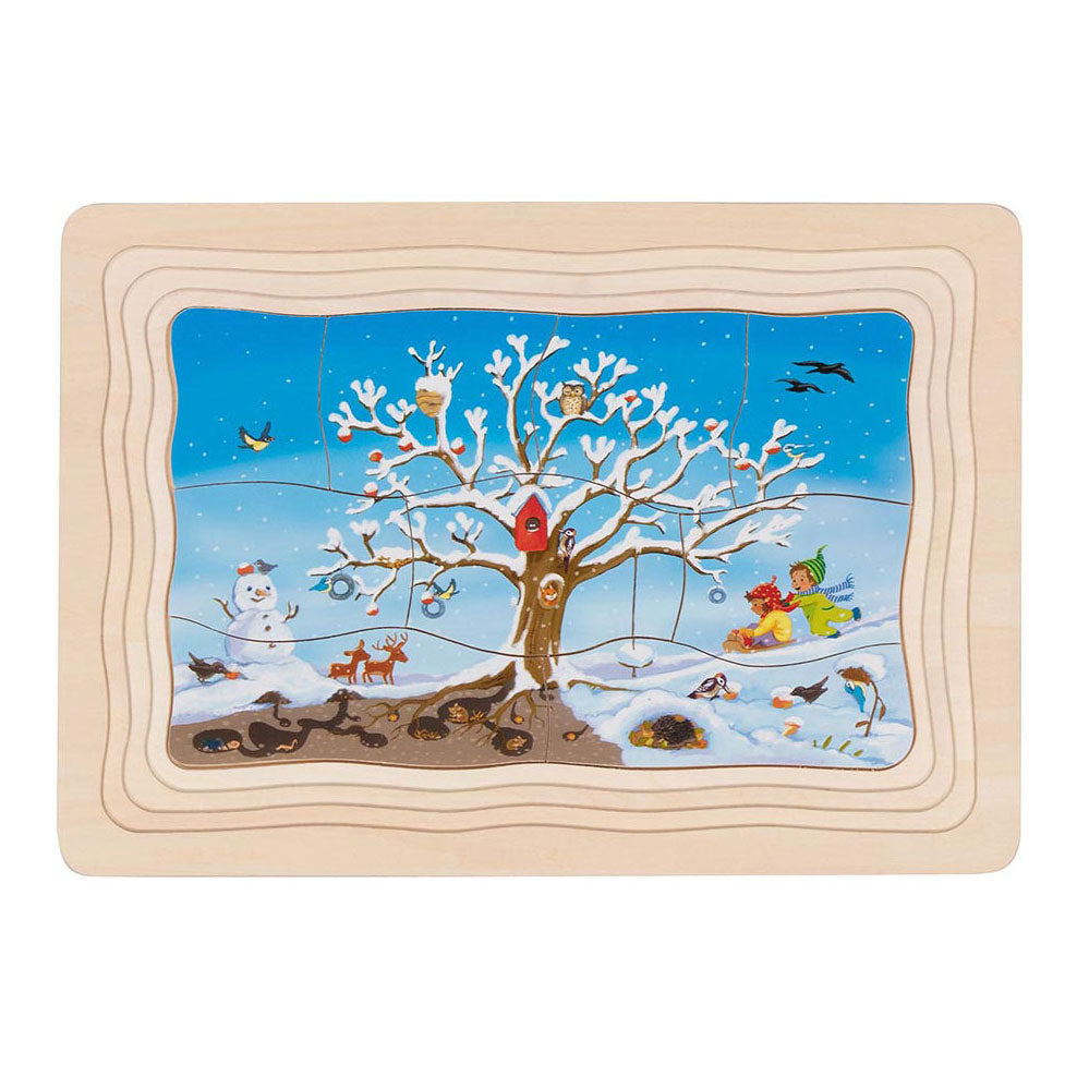 Goki puzzel - de seizoenen van de appelboom - 47 stukjes - 4 lagen - 28,5x20x1,5cm - hout - 3+