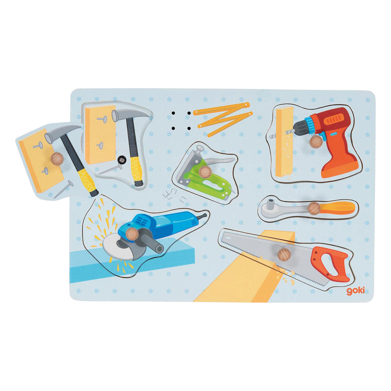 Goki houten vormenpuzzel gereedschap met geluid, 6st.