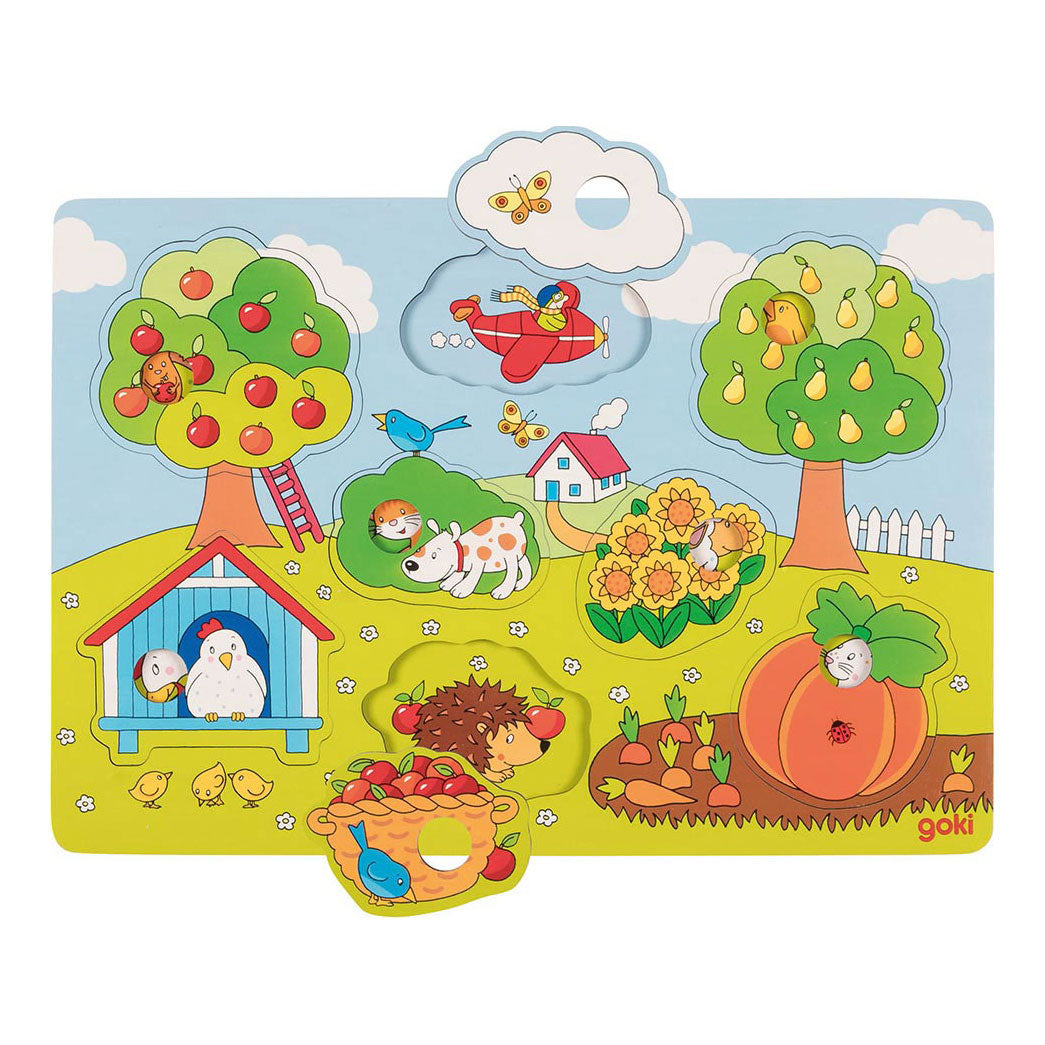 Goki Holz-Hintergrund-Formenpuzzle für den Garten, 8-teilig.