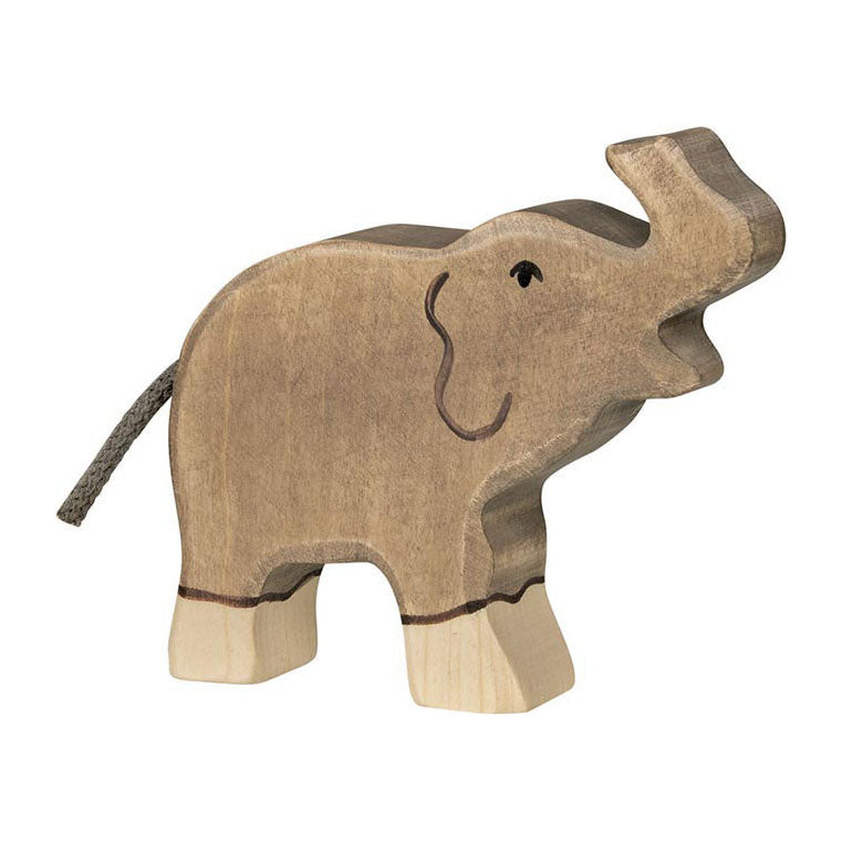Holztiger Elefant aus Holz, kleiner Rüssel nach oben