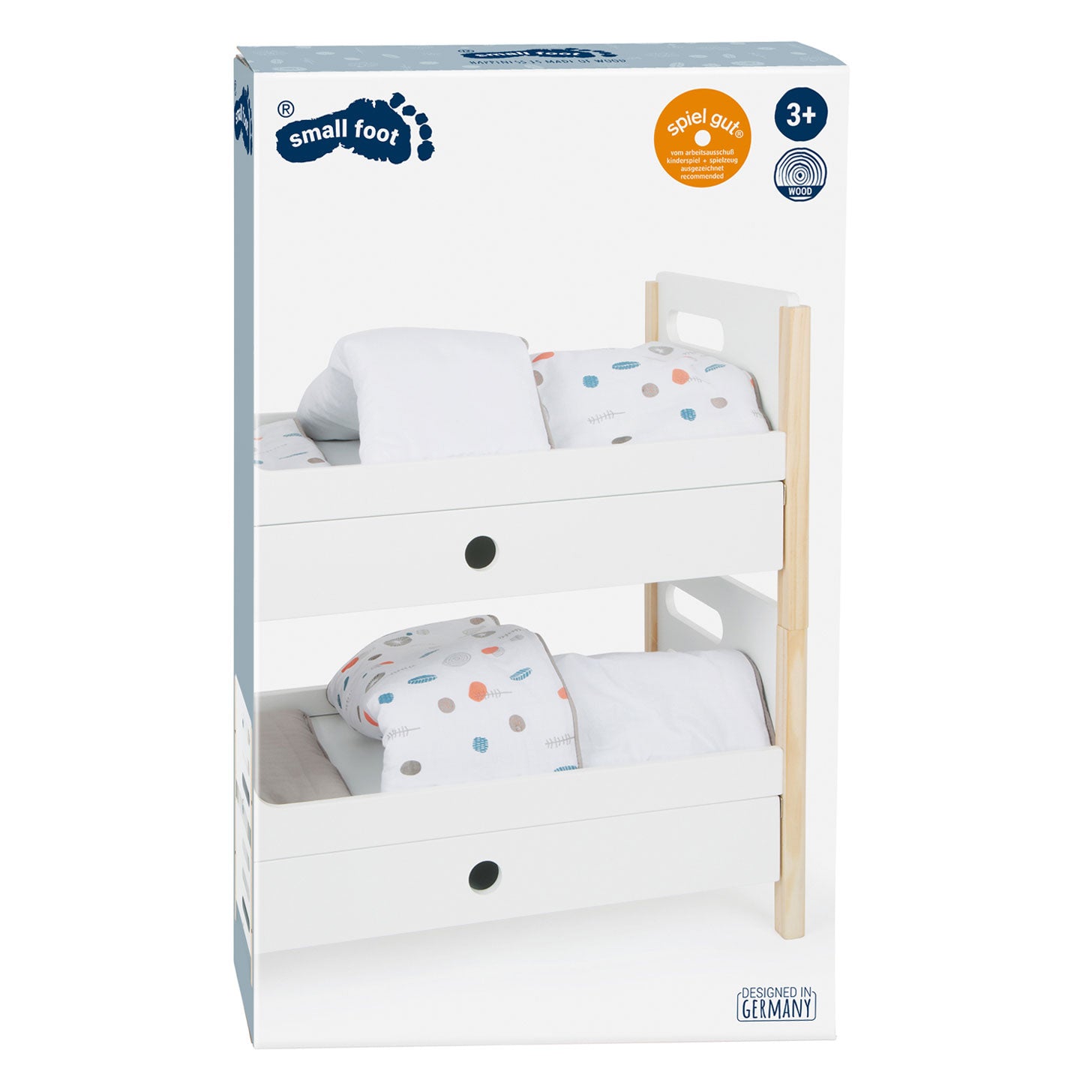 Small Foot - hölzernes Puppenhochbett mit kleinem Knopf und Bettwäsche, 6-teilig.