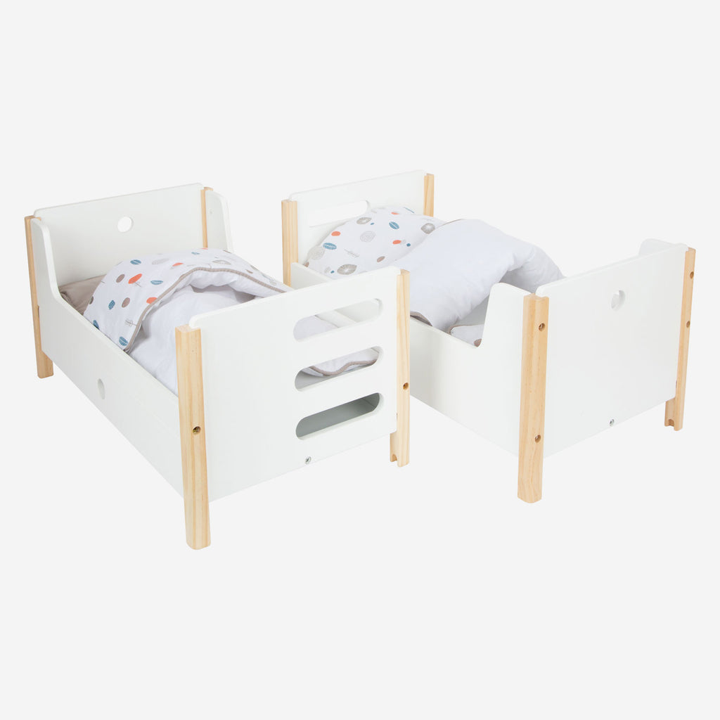 Small Foot - hölzernes Puppenhochbett mit kleinem Knopf und Bettwäsche, 6-teilig.
