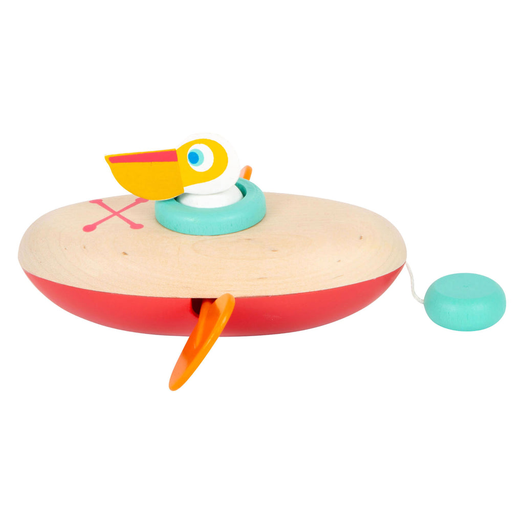Small Foot - Badespielzeug Holzkanu Pelikan Aufziehmechanismus