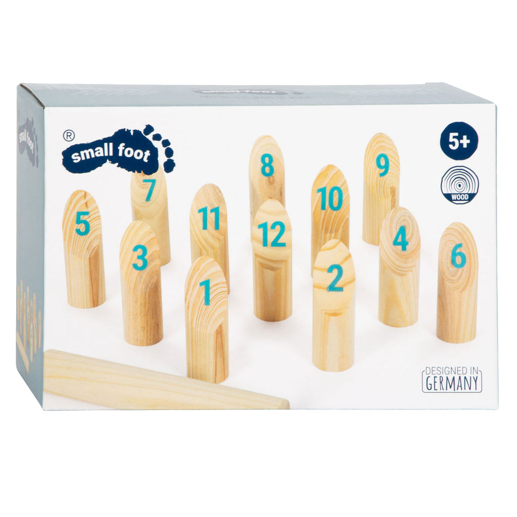 Small Foot - hölzernes Kubb mit Zahlenwurfspiel im Beutel, 13 Stück.