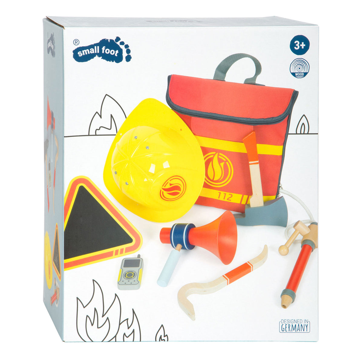 Small Foot - Feuerwehrrucksack mit hölzernen Feuerwehr-Accessoires, 8 Stück.