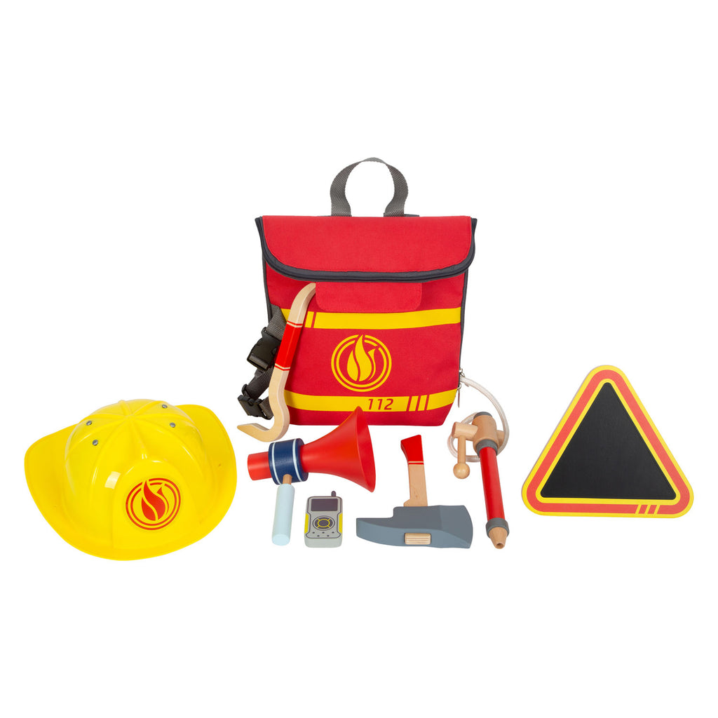 Small Foot - Feuerwehrrucksack mit hölzernen Feuerwehr-Accessoires, 8 Stück.