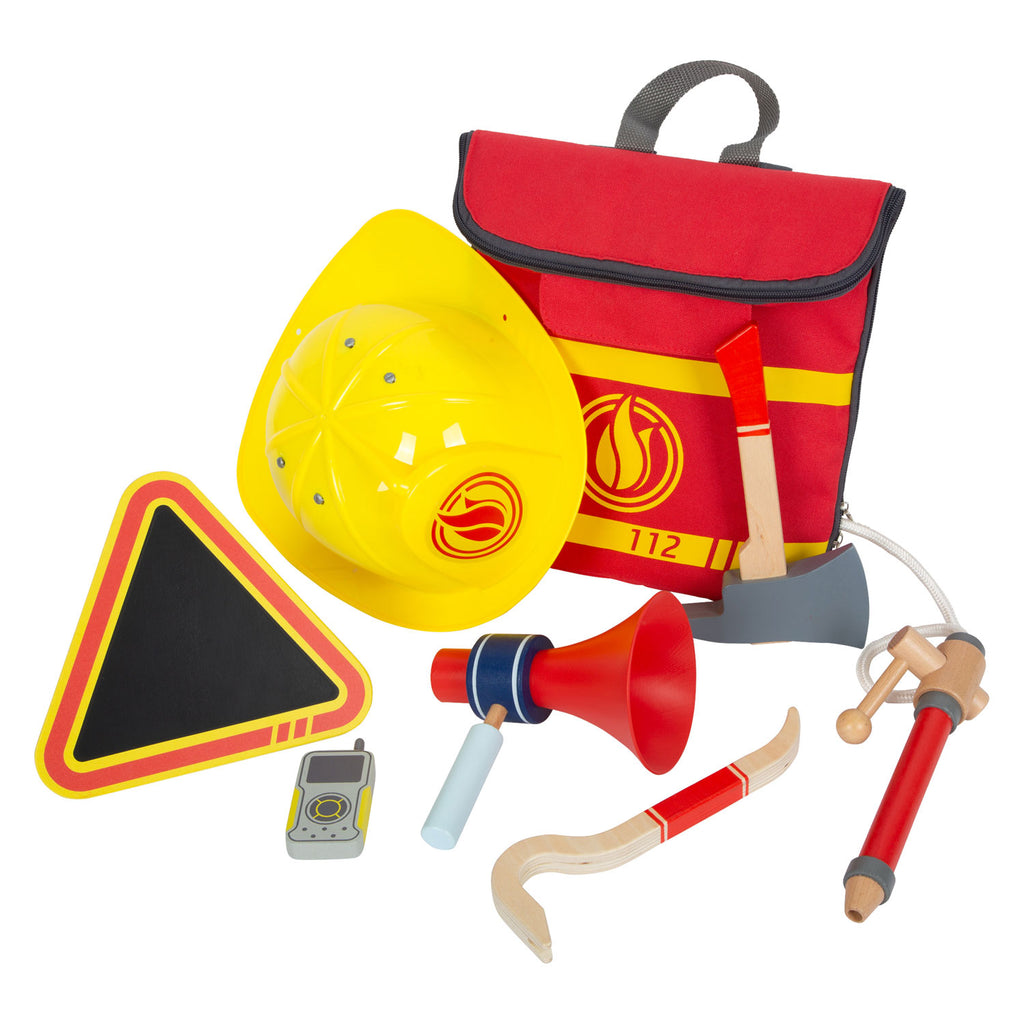 Small foot - brandweerman rugzak met houten brandweer attributen, 8dlg.