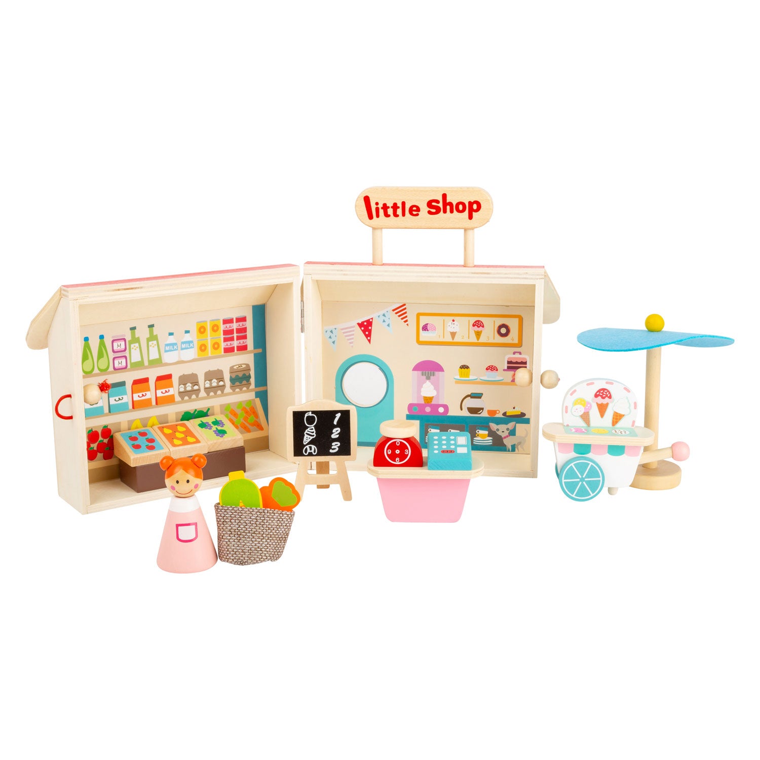 Small Foot - Puppenhaus-Spielladen aus Holz zum Mitnehmen, 15-teilig.