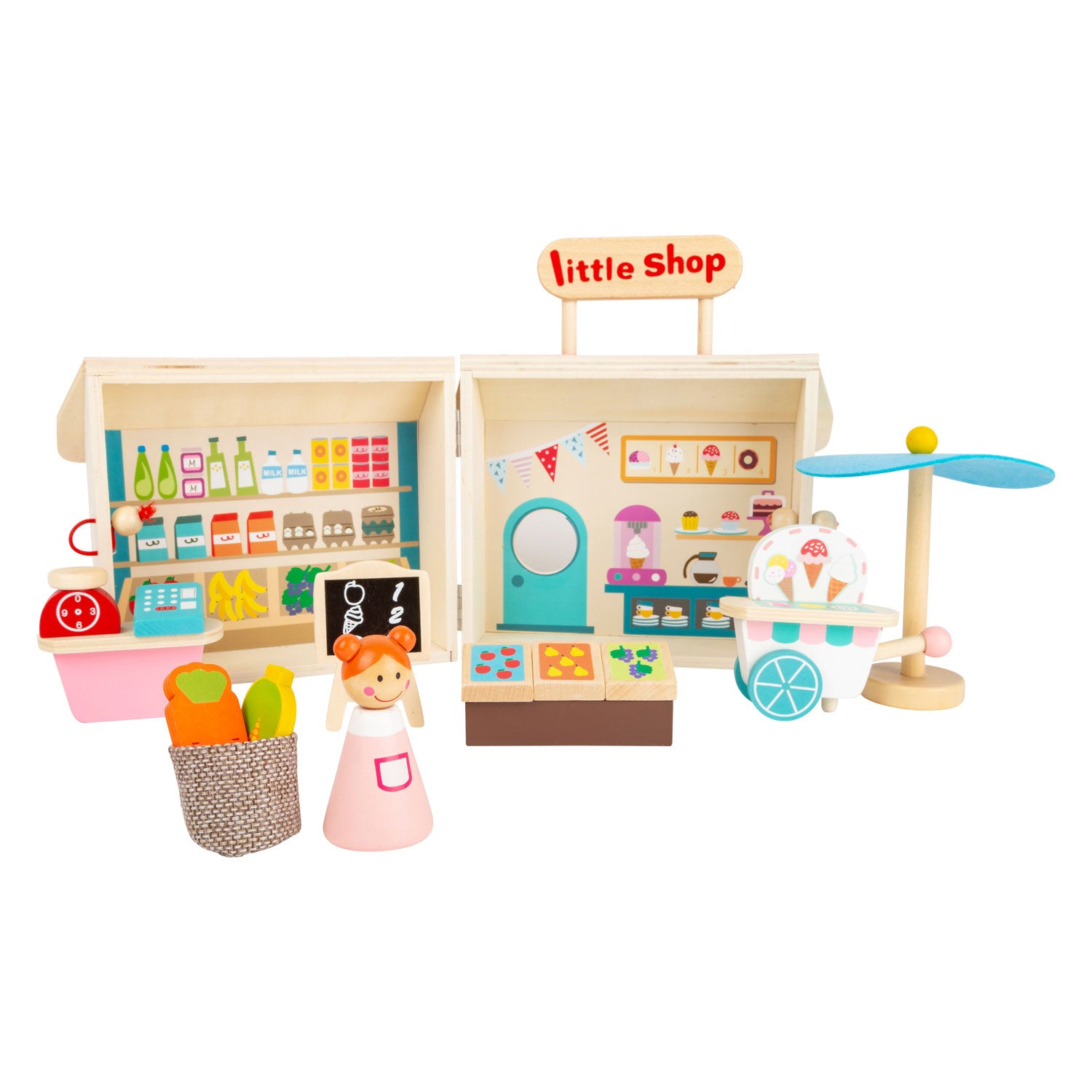 Small Foot - Puppenhaus-Spielladen aus Holz zum Mitnehmen, 15-teilig.