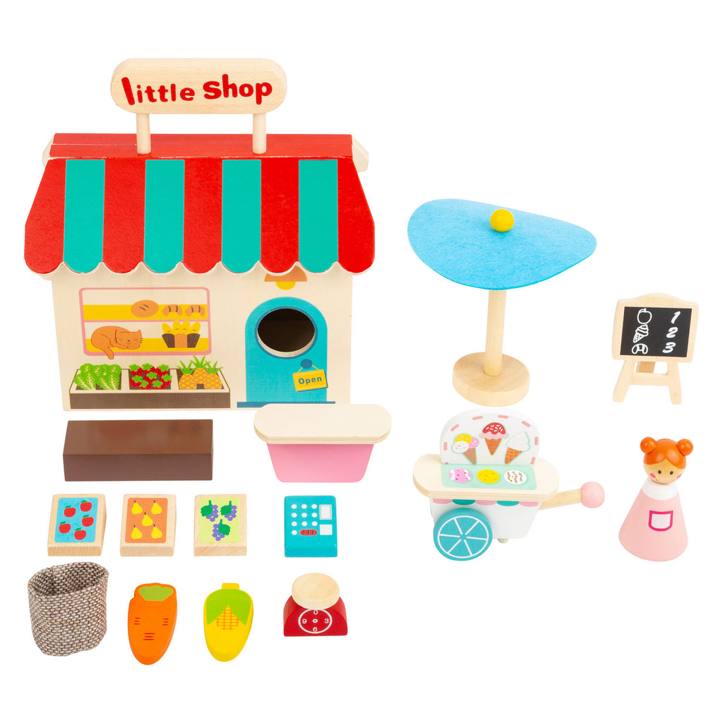 Small Foot - Puppenhaus-Spielladen aus Holz zum Mitnehmen, 15-teilig.