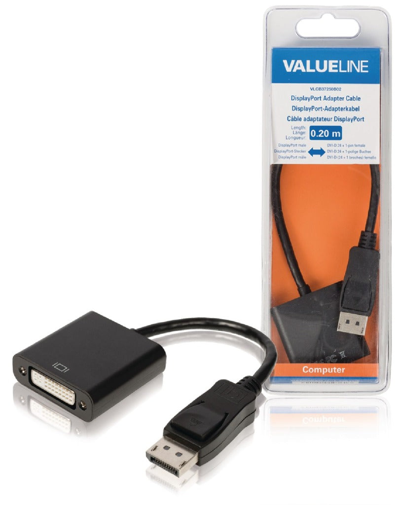 Valueline vlcb37250b02 DisplayPort-Adapterkabel, DisplayPort-Stecker auf DVI-D 24+1-Pin-Buchse, 0,20 m, Schwarz